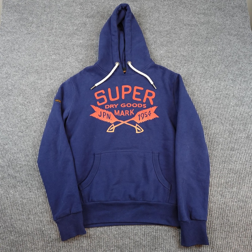 Superdry Dry Goods Hoodie Mens Medium Blue Fleece Pullover Sweatshirt Graphic